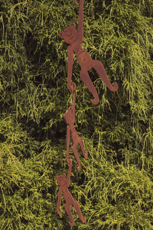 hanging monkeys garden sculpture - rust