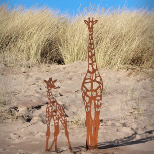 rusty metal giraffes sculpture close up