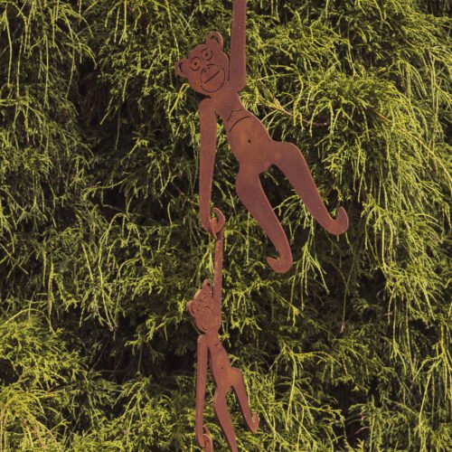 hanging monkeys garden sculpture - rust